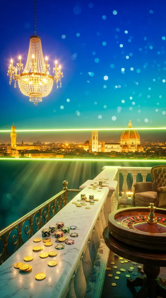 Terrazza notturna sopra una città italiana: parapetto di marmo, roulette e lampadario di cristallo