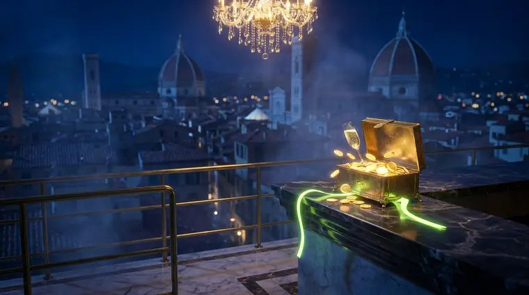 Terrazza notturna sopra Firenze: forziere aperto con monete d'oro sul parapetto di marmo