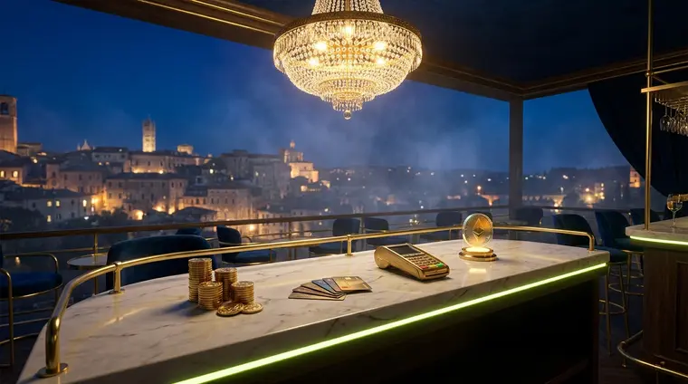 La cassa della terrazza: banco di marmo, gettoni e registro dei pagamenti
