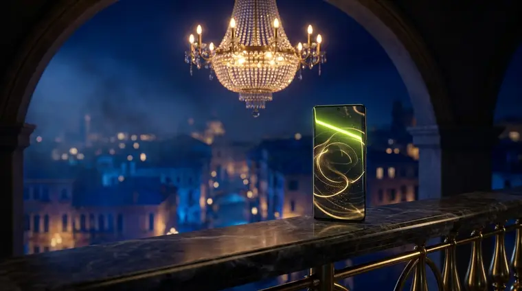 Smartphone acceso sul parapetto di marmo della terrazza, lampadario di cristallo e città notturna sullo sfondo