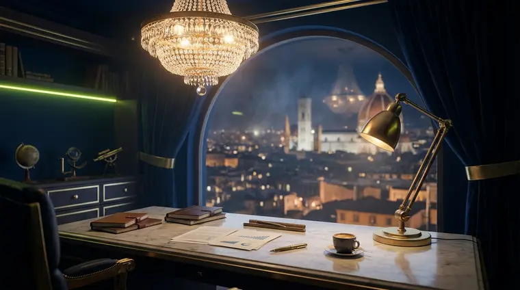 Scrivania della redazione con appunti e schermo, luce notturna sulla città