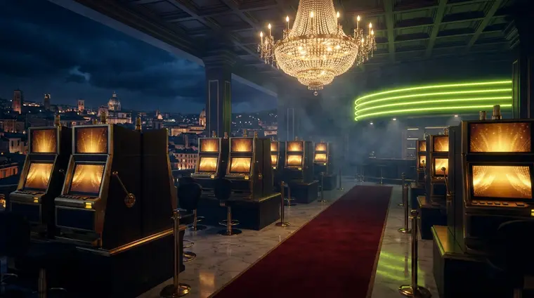 Salone da gioco notturno: file di slot accese, tavolo di roulette e lampadario di cristallo