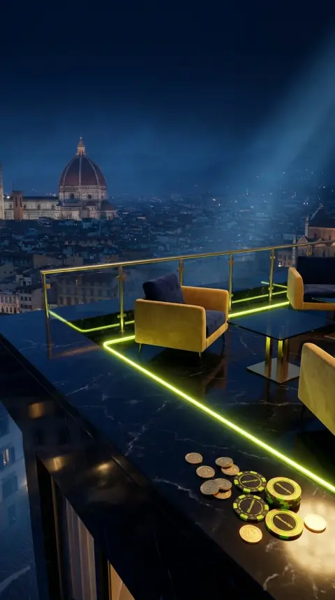 Terrazza notturna silenziosa, un tavolo vuoto e luci soffuse